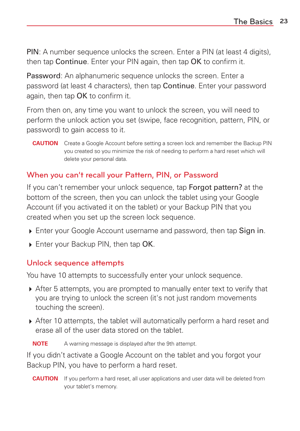 The basics, Unlock sequence attempts | LG LGVK810 User Manual | Page 25 / 142