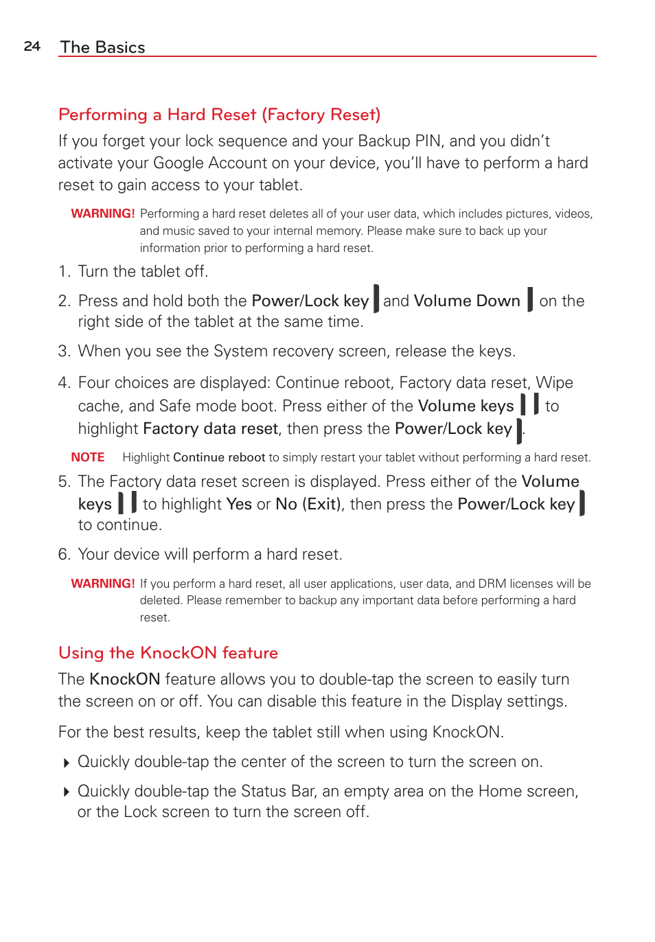 The basics performing a hard reset (factory reset), Using the knockon feature | LG LGVK810 User Manual | Page 26 / 142