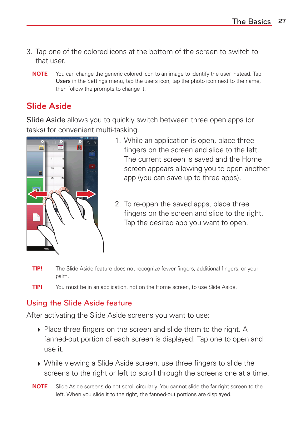 Slide aside, The basics, Using the slide aside feature | LG LGVK810 User Manual | Page 29 / 142