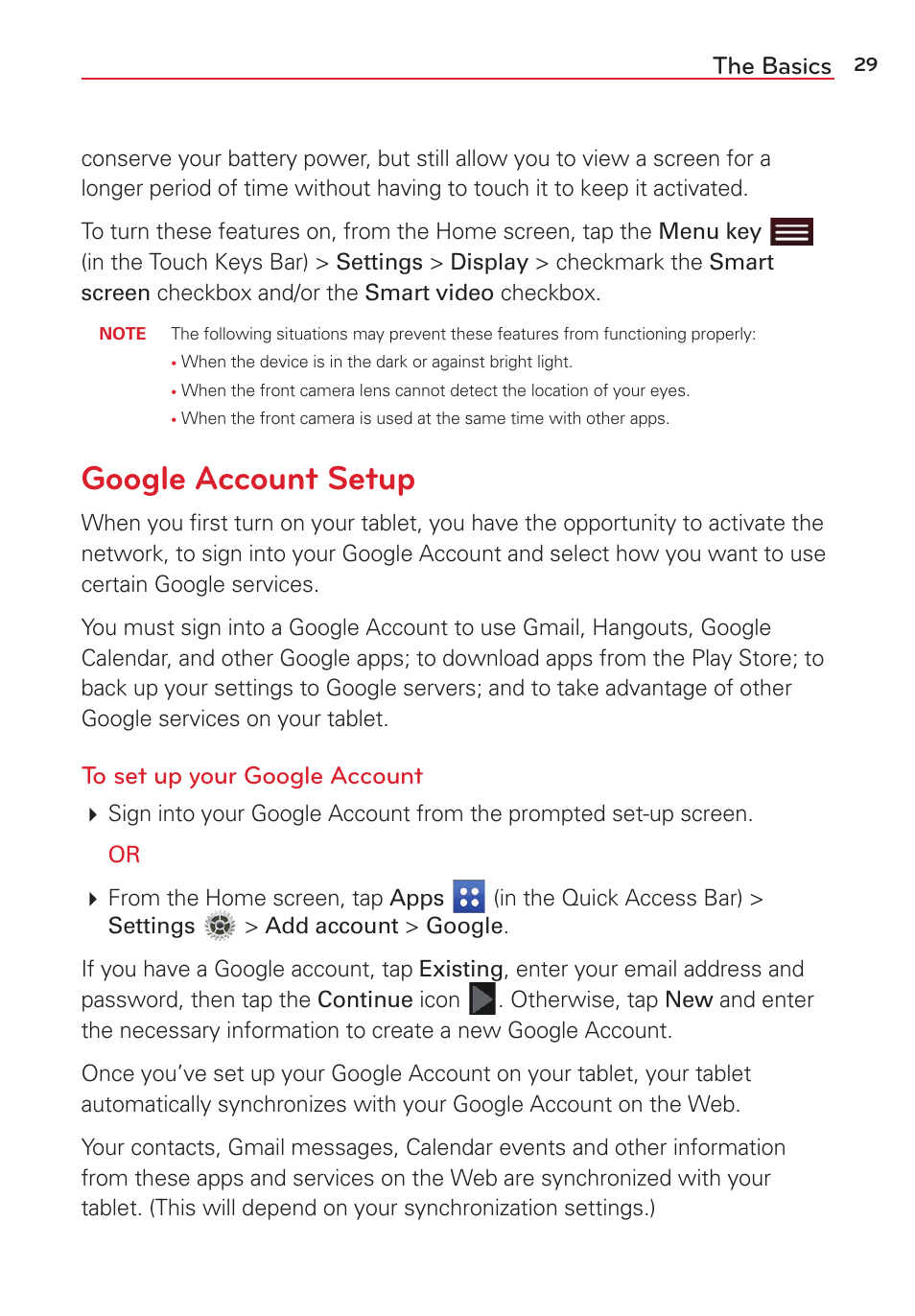 Google account setup, The basics | LG LGVK810 User Manual | Page 31 / 142