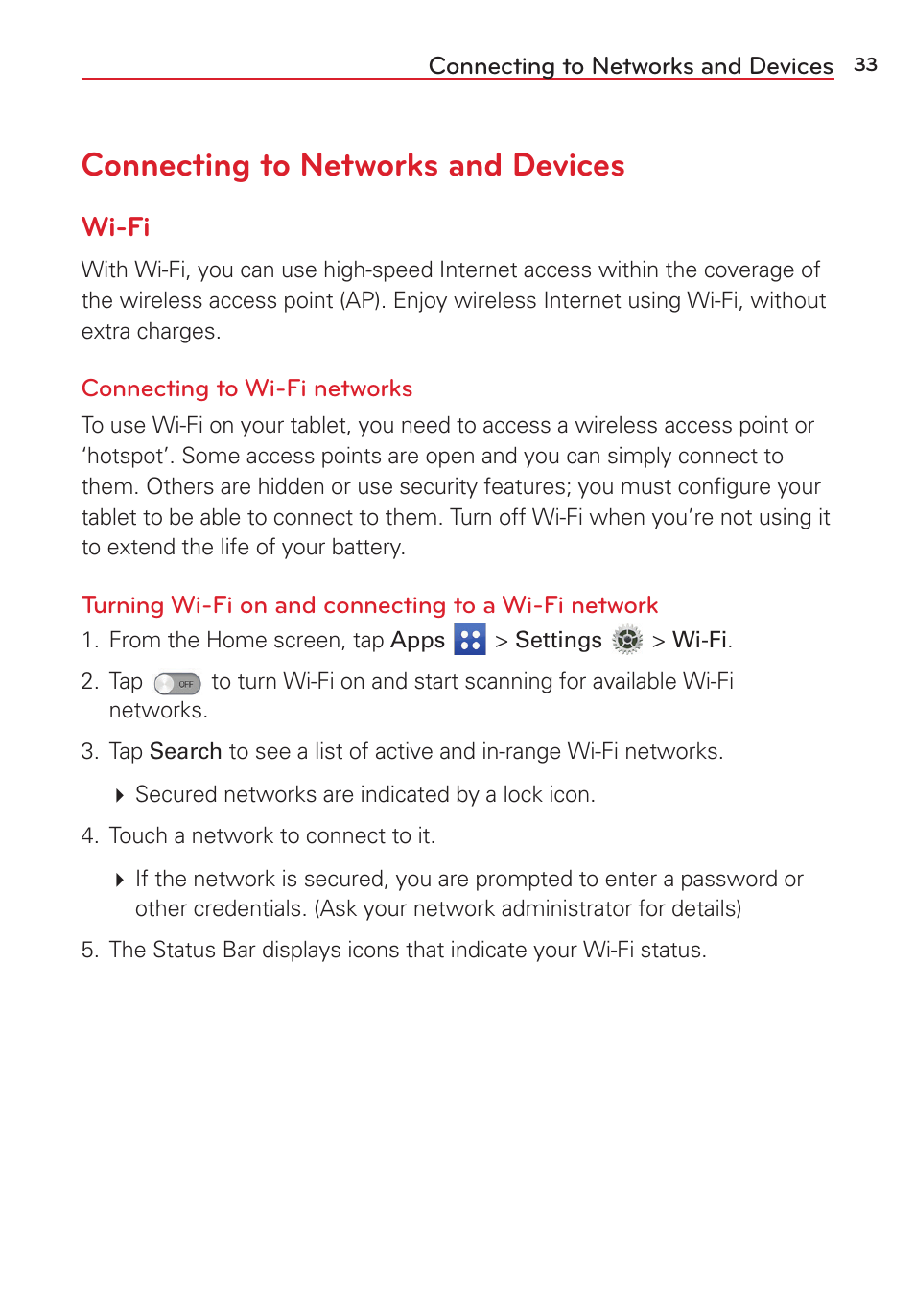 Connecting to networks and devices, Wi-fi | LG LGVK810 User Manual | Page 35 / 142