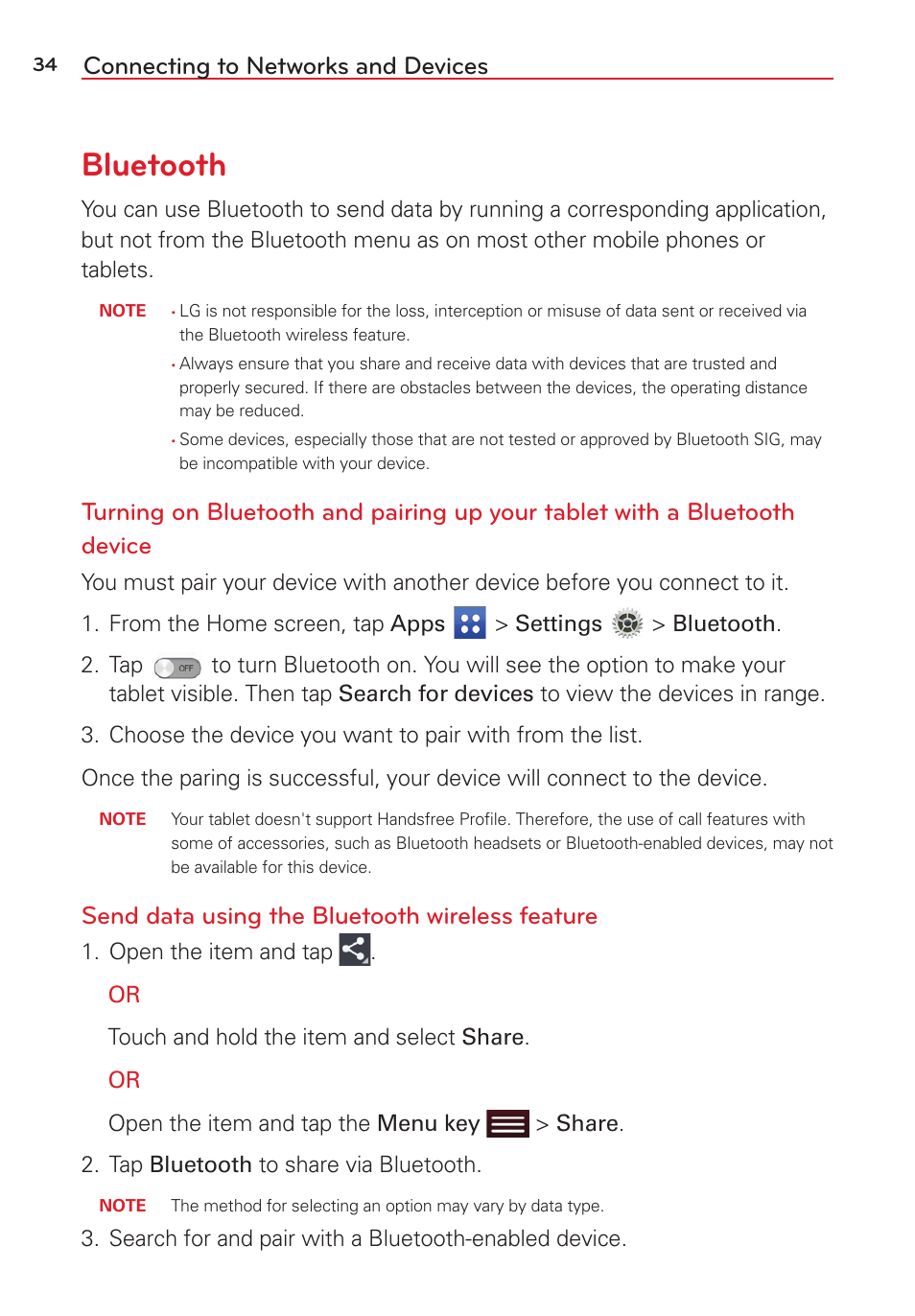 Bluetooth, Connecting to networks and devices, Send data using the bluetooth wireless feature | LG LGVK810 User Manual | Page 36 / 142