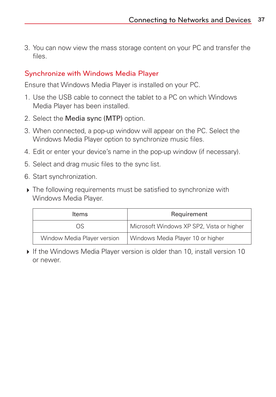 Connecting to networks and devices, Synchronize with windows media player | LG LGVK810 User Manual | Page 39 / 142