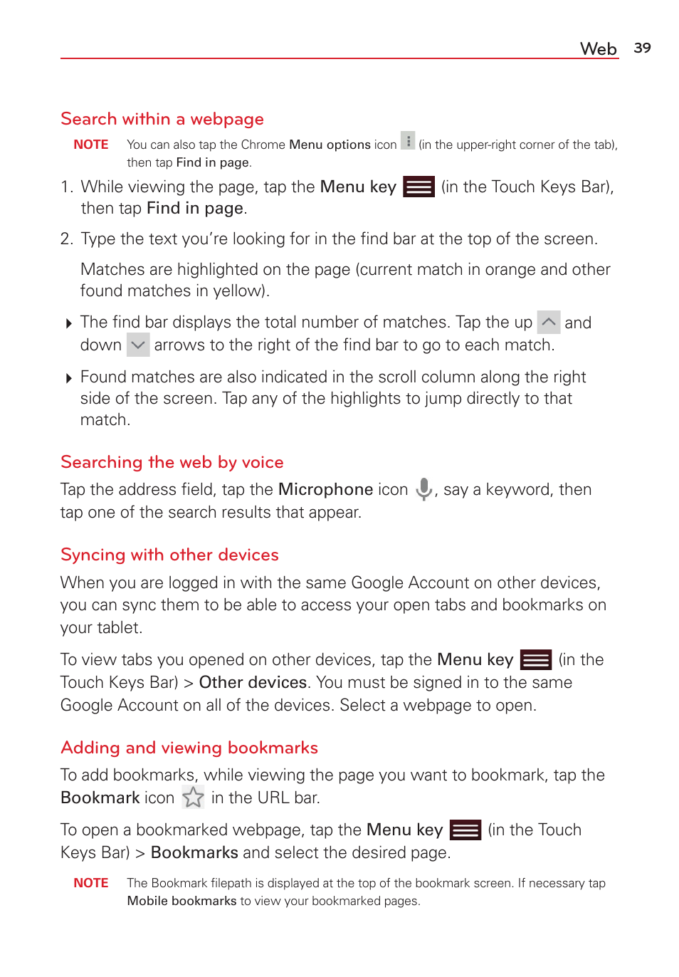 Web search within a webpage, Searching the web by voice, Syncing with other devices | Adding and viewing bookmarks | LG LGVK810 User Manual | Page 41 / 142