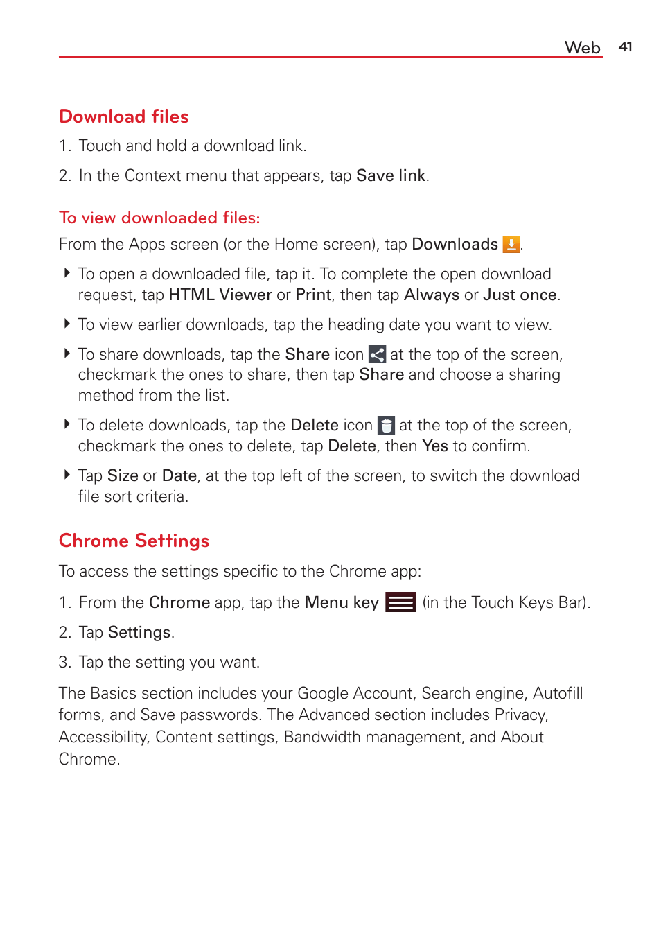 Download ﬁles, Chrome settings | LG LGVK810 User Manual | Page 43 / 142