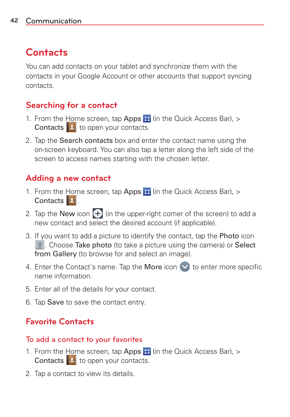 Communication, Contacts, Searching for a contact | Adding a new contact, Favorite contacts | LG LGVK810 User Manual | Page 44 / 142