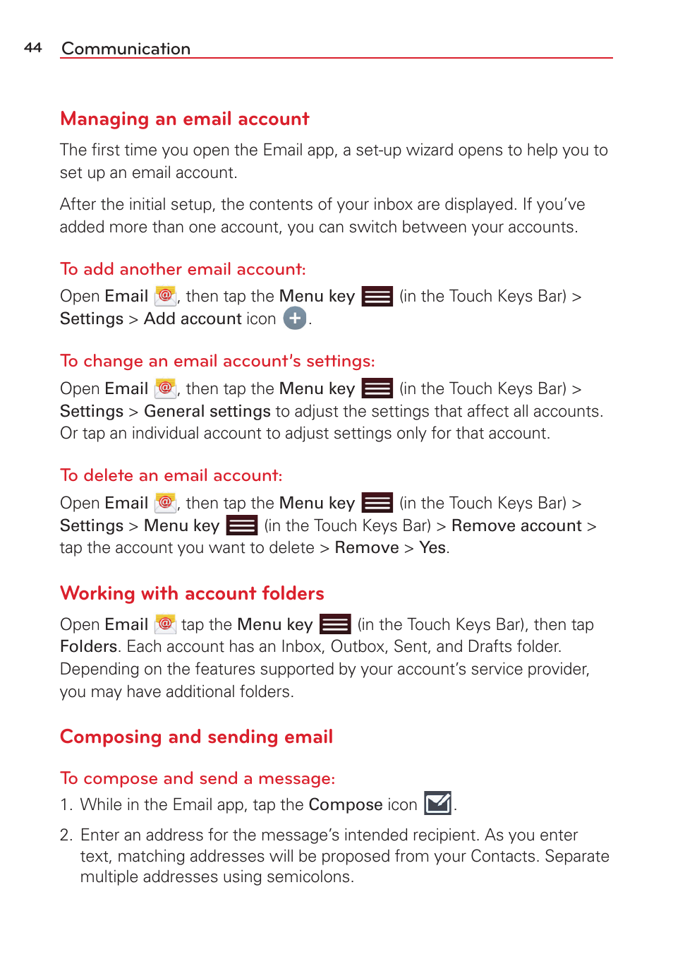 Managing an email account, Working with account folders, Composing and sending email | LG LGVK810 User Manual | Page 46 / 142