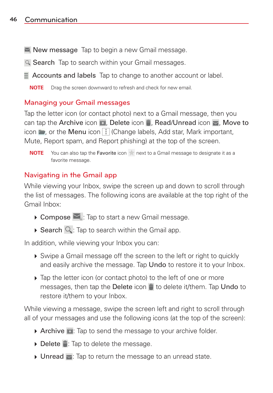 Communication, Managing your gmail messages, Navigating in the gmail app | LG LGVK810 User Manual | Page 48 / 142