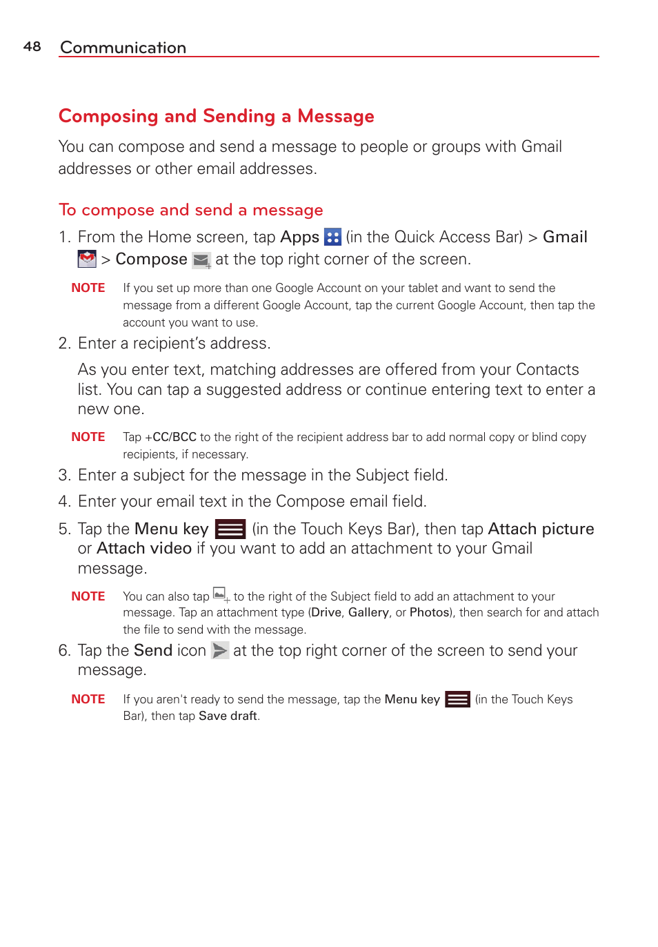 Composing and sending a message, Communication | LG LGVK810 User Manual | Page 50 / 142