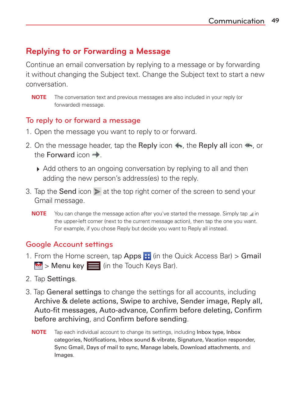 Replying to or forwarding a message, Communication, Google account settings | LG LGVK810 User Manual | Page 51 / 142