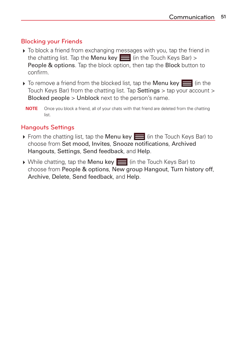 Communication blocking your friends, Hangouts settings | LG LGVK810 User Manual | Page 53 / 142