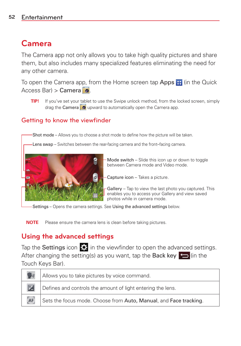 Entertainment, Camera, Using the advanced settings | Getting to know the viewﬁnder | LG LGVK810 User Manual | Page 54 / 142