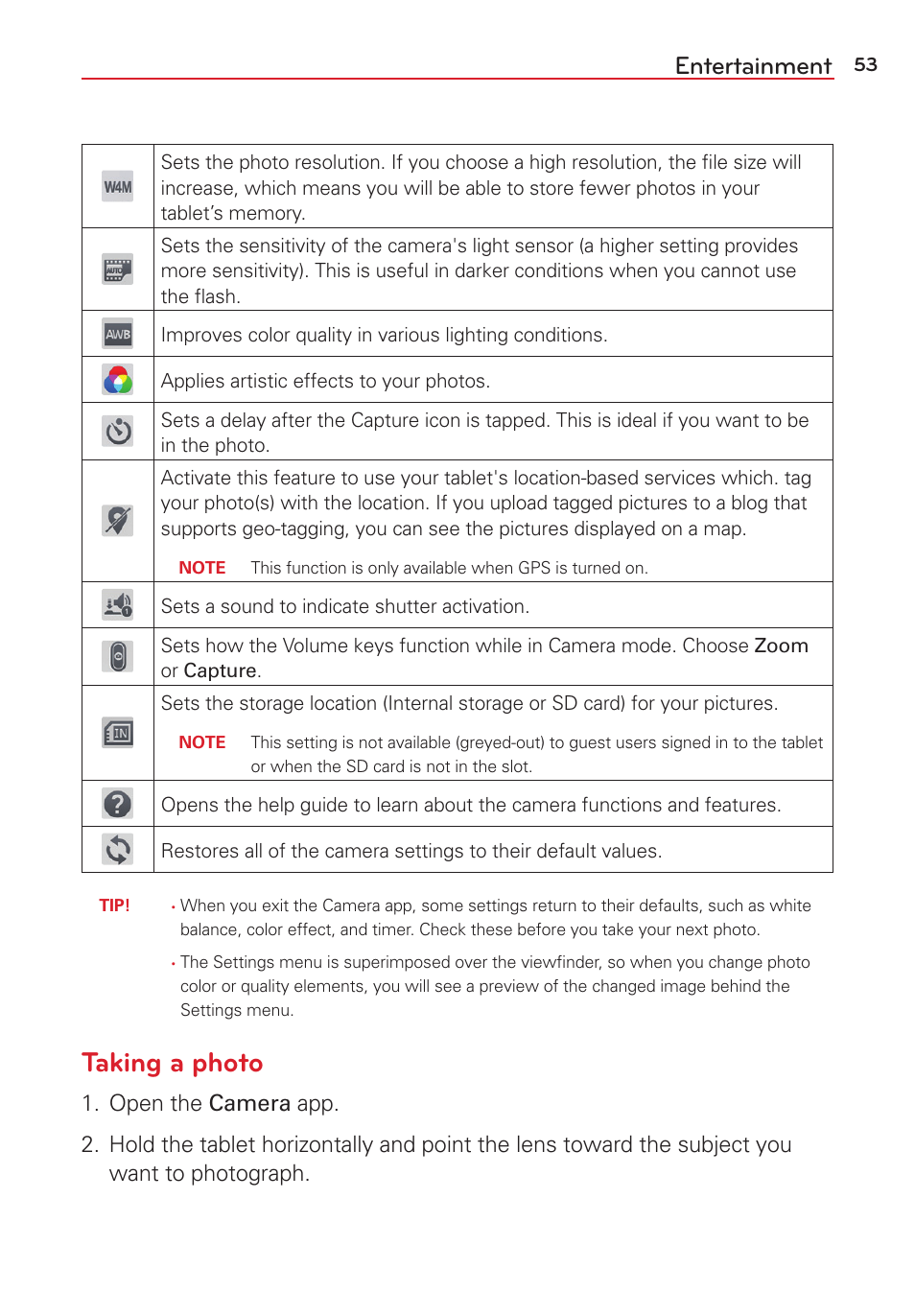 Taking a photo, Entertainment | LG LGVK810 User Manual | Page 55 / 142