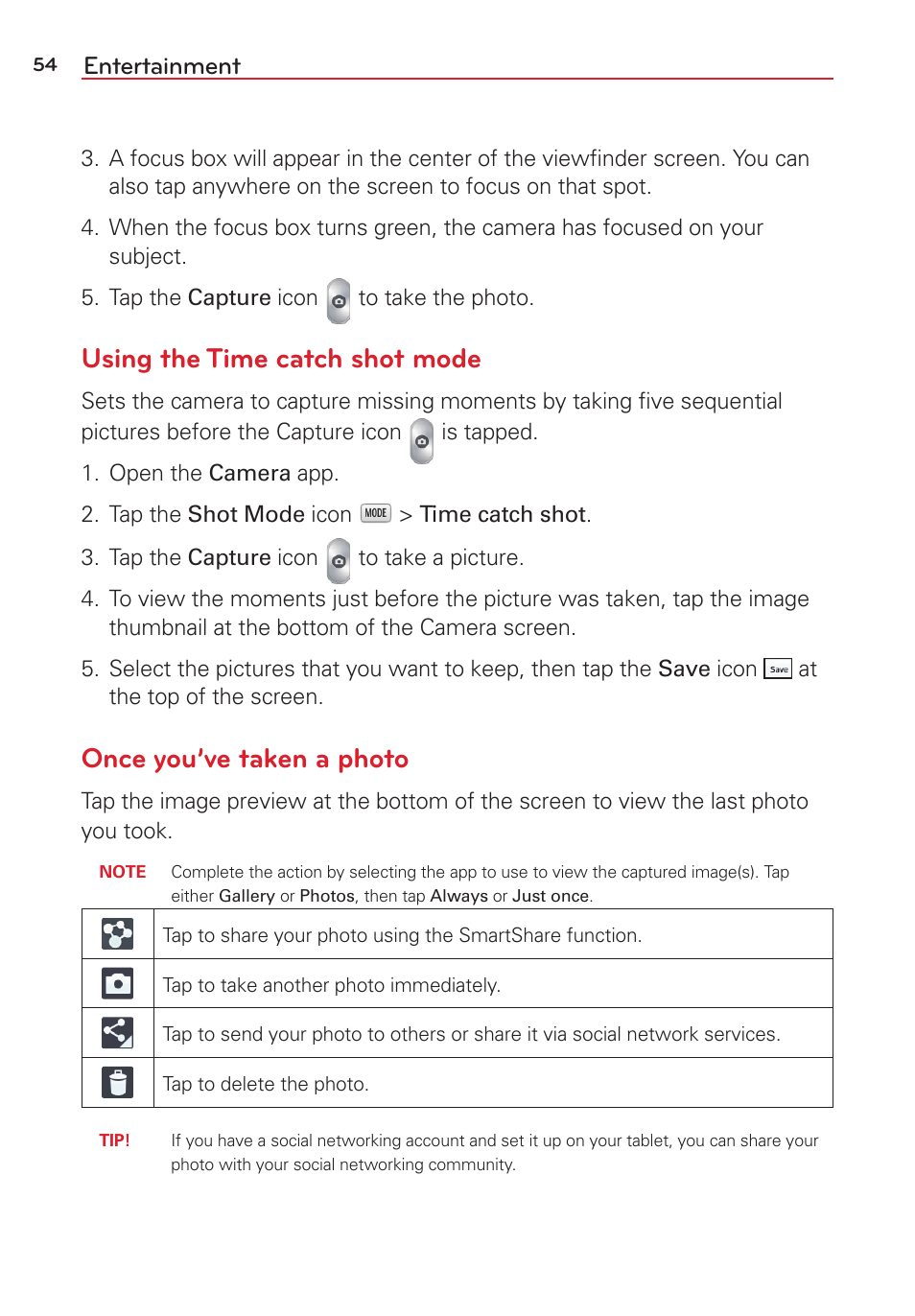 Using the time catch shot mode, Once you’ve taken a photo, Entertainment | LG LGVK810 User Manual | Page 56 / 142