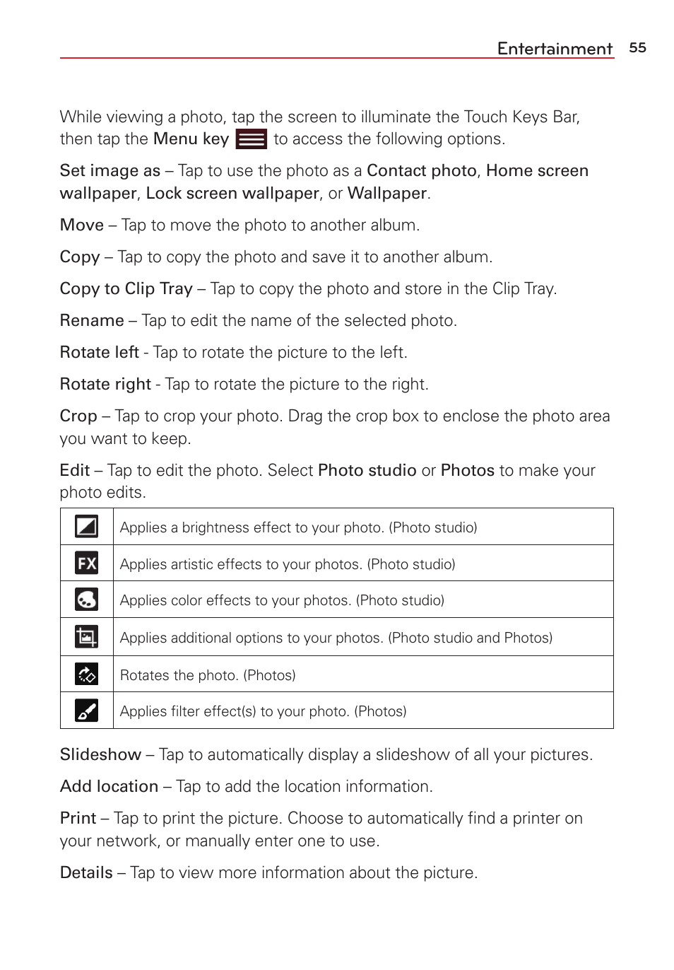 Entertainment | LG LGVK810 User Manual | Page 57 / 142