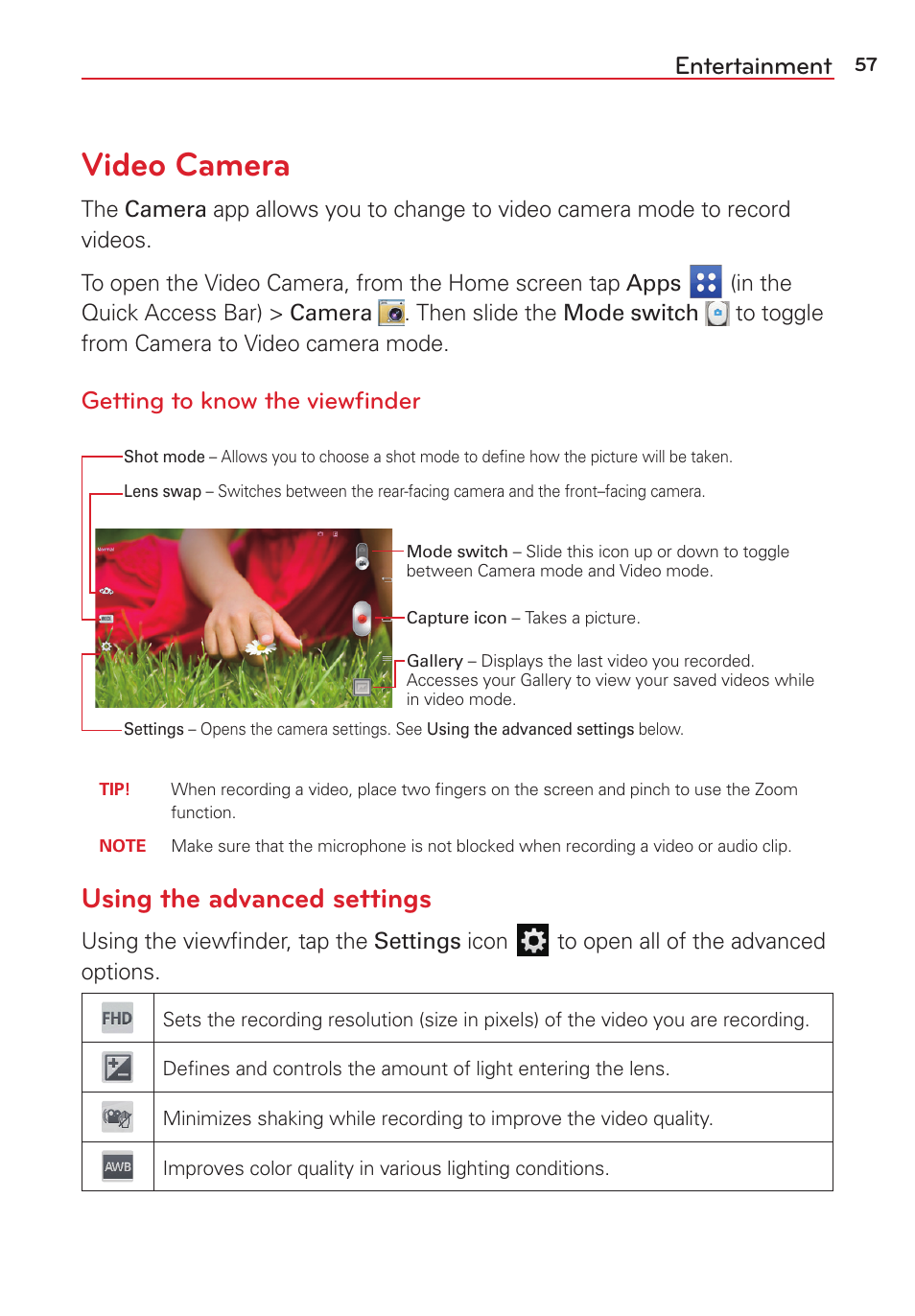 Video camera, Using the advanced settings, Entertainment | Getting to know the viewﬁnder | LG LGVK810 User Manual | Page 59 / 142