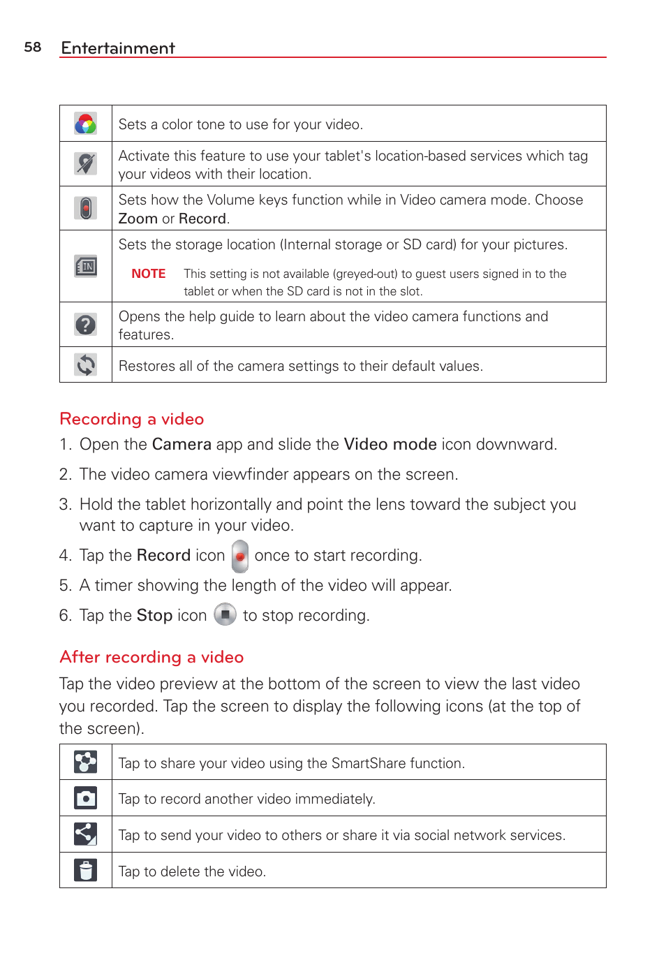 Entertainment, Recording a video, After recording a video | LG LGVK810 User Manual | Page 60 / 142