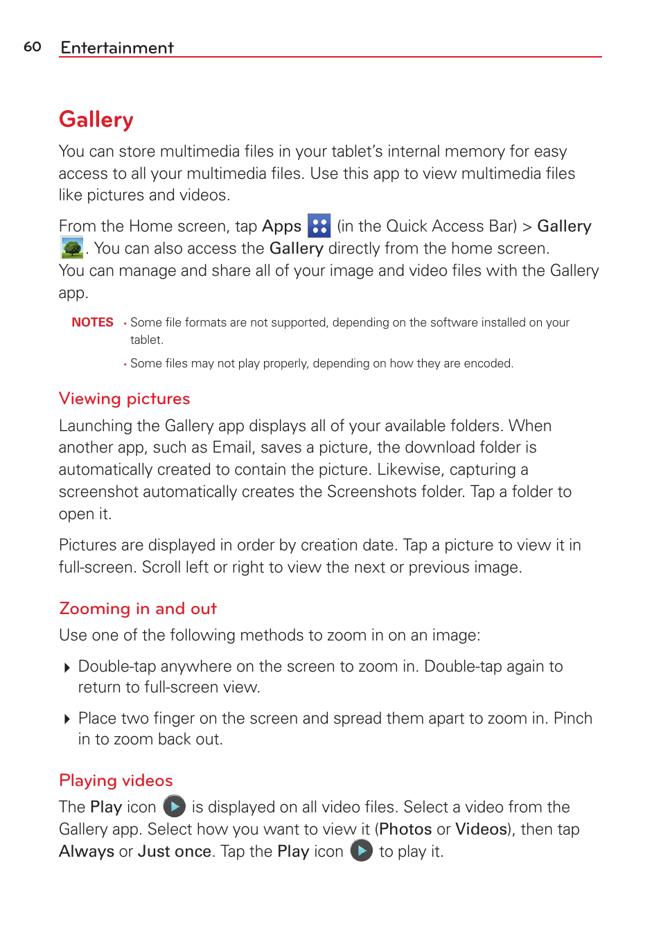 Gallery, Entertainment, Viewing pictures | Zooming in and out, Playing videos | LG LGVK810 User Manual | Page 62 / 142