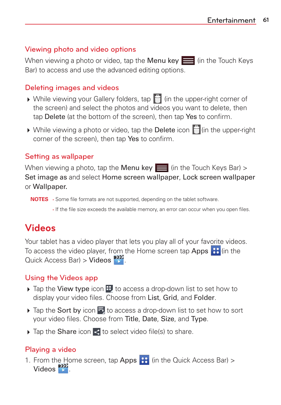 Videos, Entertainment viewing photo and video options, Deleting images and videos | Setting as wallpaper, Using the videos app, Playing a video | LG LGVK810 User Manual | Page 63 / 142