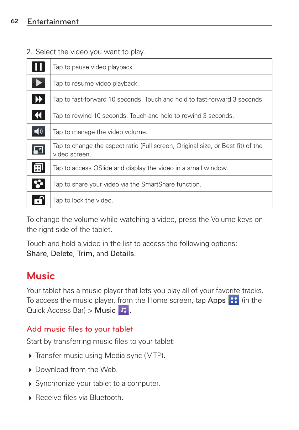 Music, Entertainment, Add music ﬁles to your tablet | LG LGVK810 User Manual | Page 64 / 142