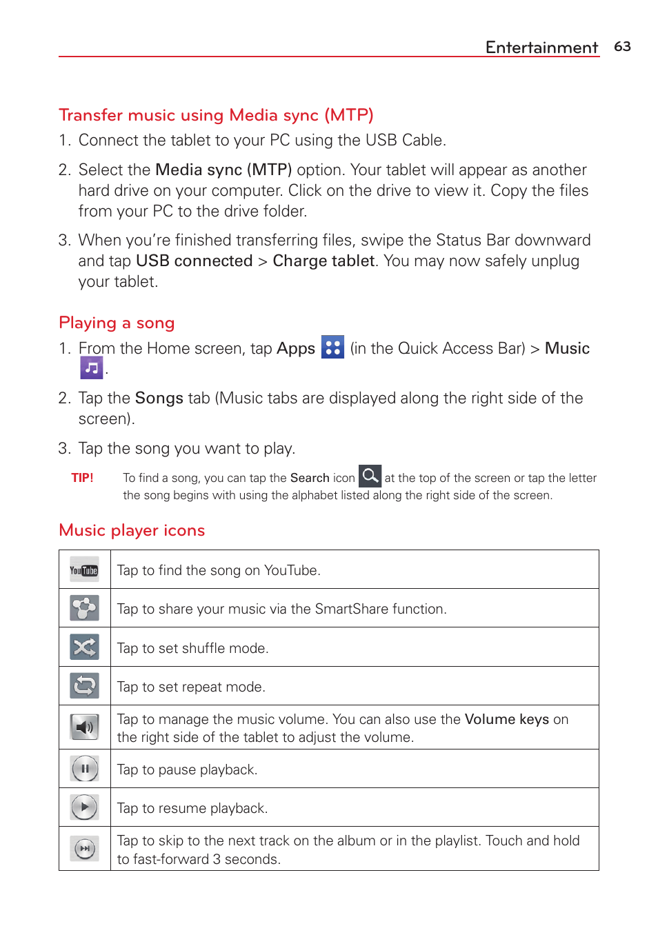 Playing a song, Music player icons | LG LGVK810 User Manual | Page 65 / 142