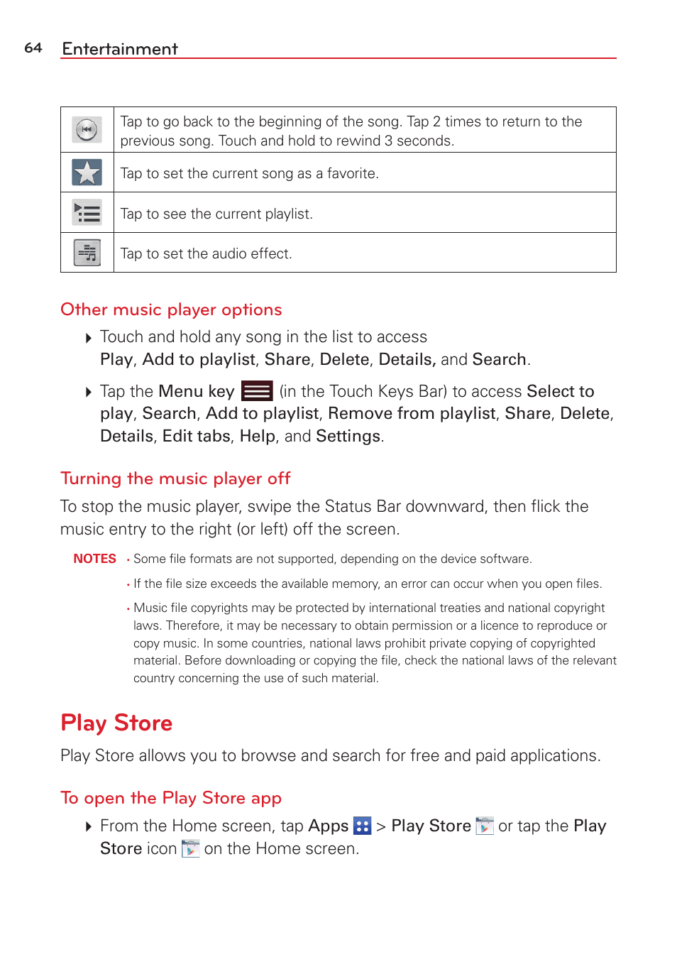 Play store, Entertainment, Other music player options | Turning the music player off | LG LGVK810 User Manual | Page 66 / 142