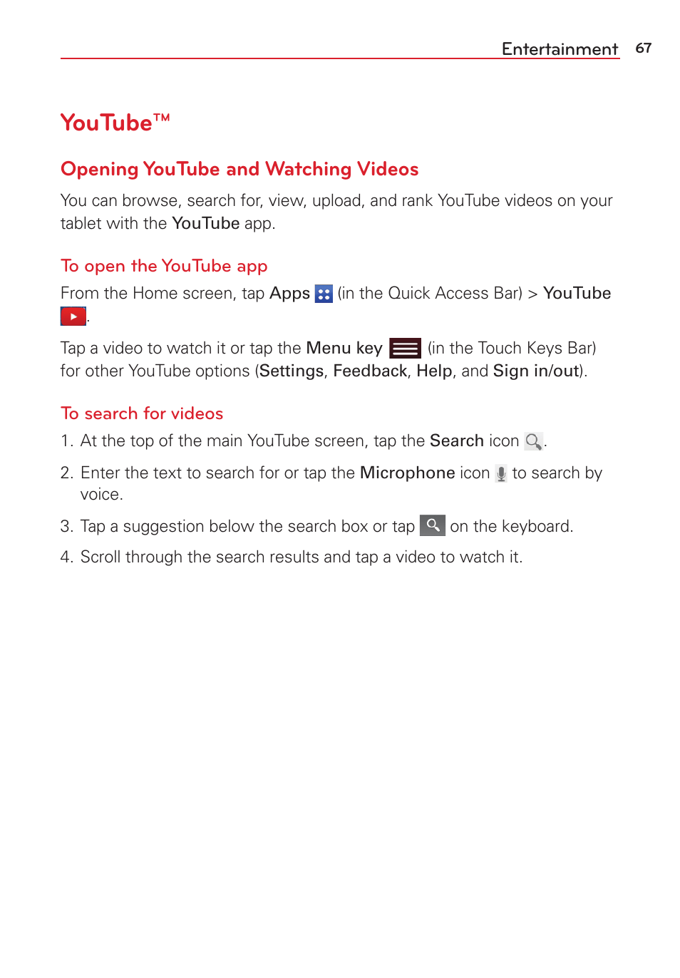 Youtube, Opening youtube and watching videos | LG LGVK810 User Manual | Page 69 / 142