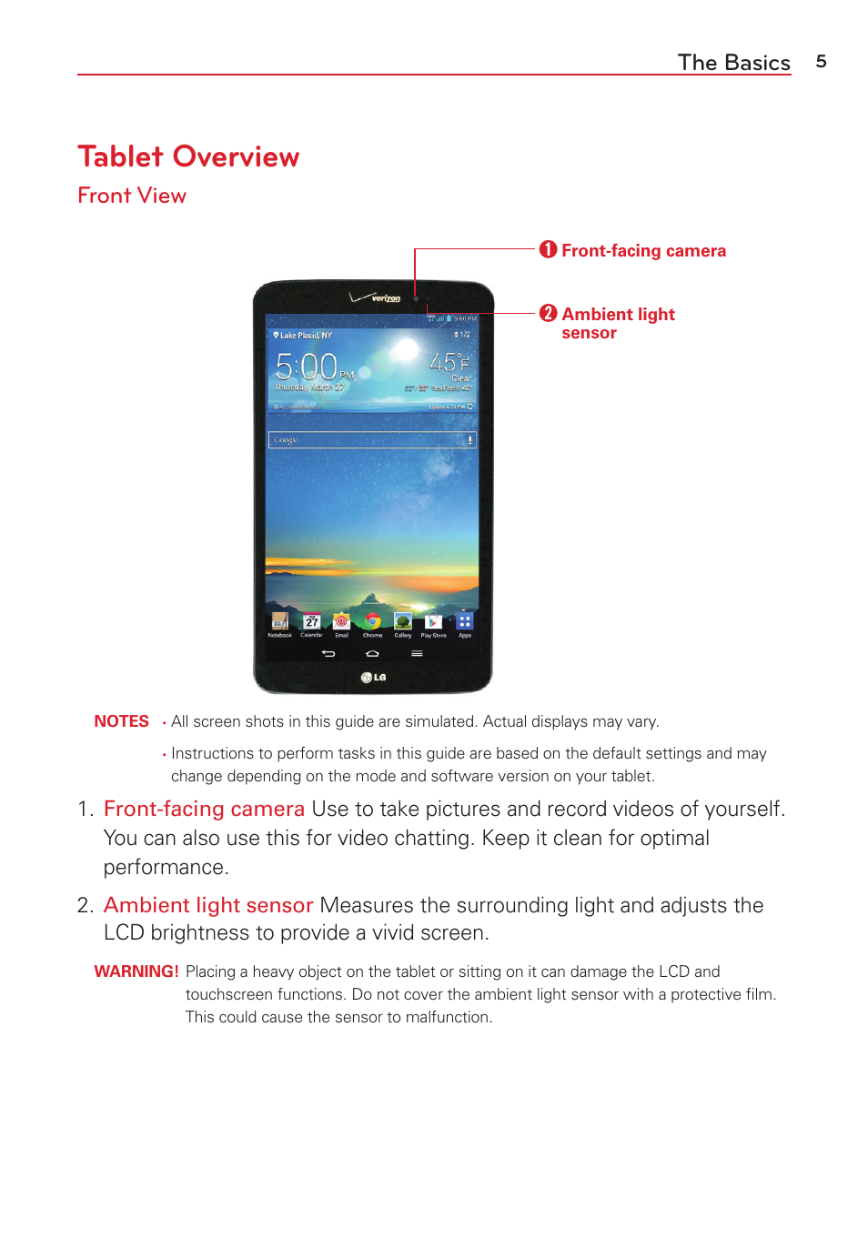 The basics, Tablet overview, Front view | LG LGVK810 User Manual | Page 7 / 142