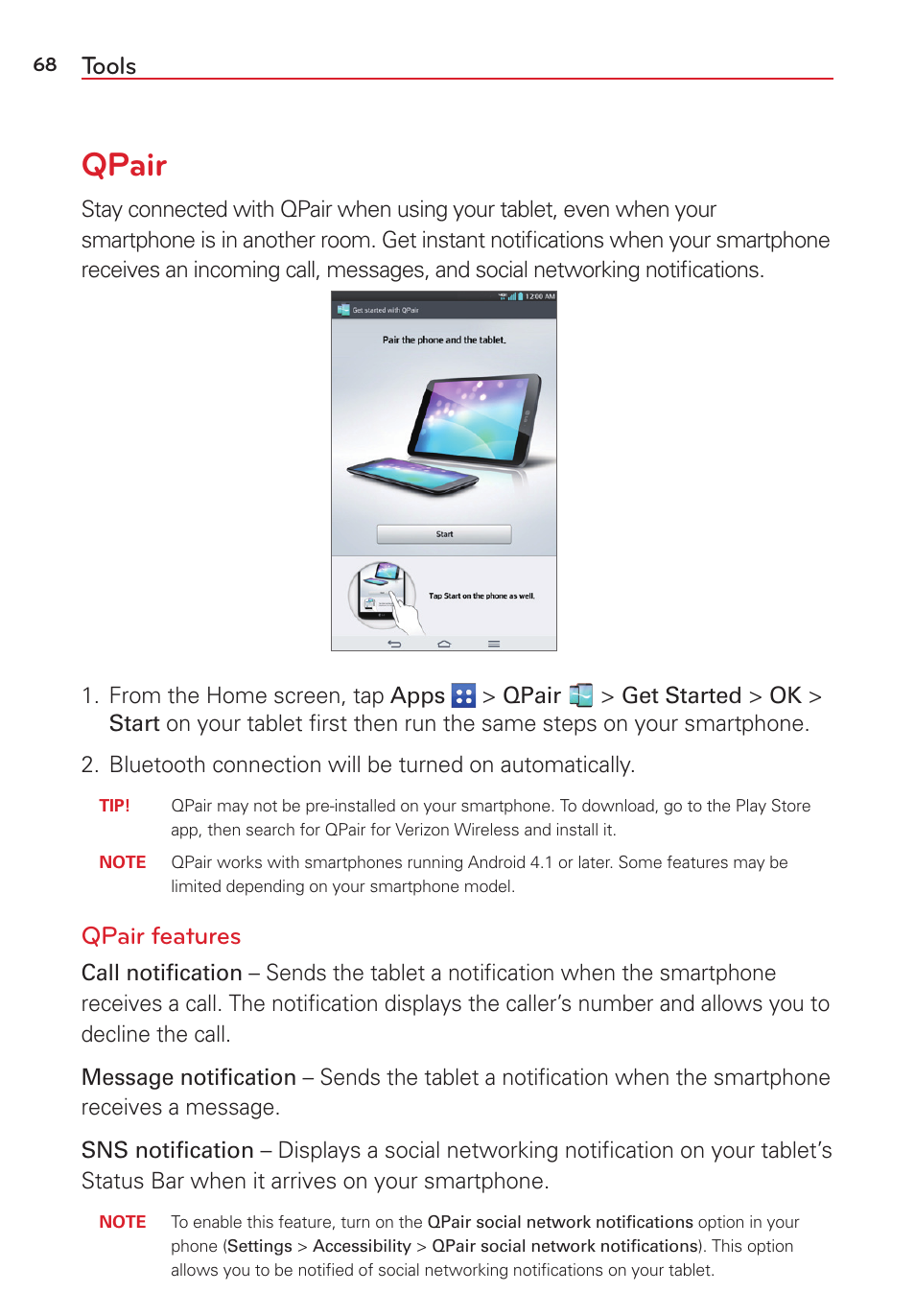 Tools, Qpair, Qpair features | LG LGVK810 User Manual | Page 70 / 142