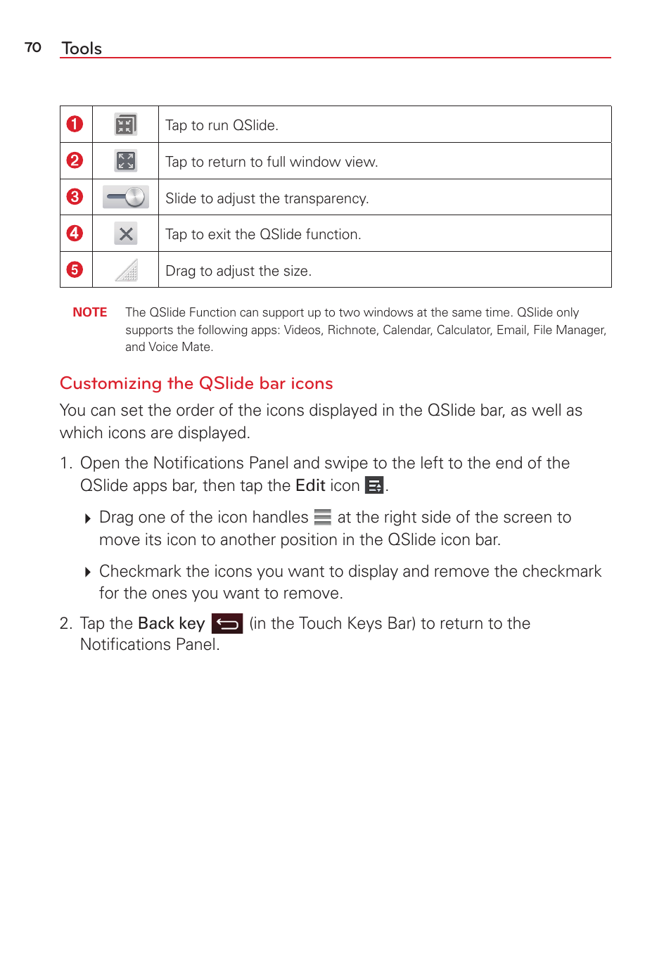 Tools, Customizing the qslide bar icons | LG LGVK810 User Manual | Page 72 / 142