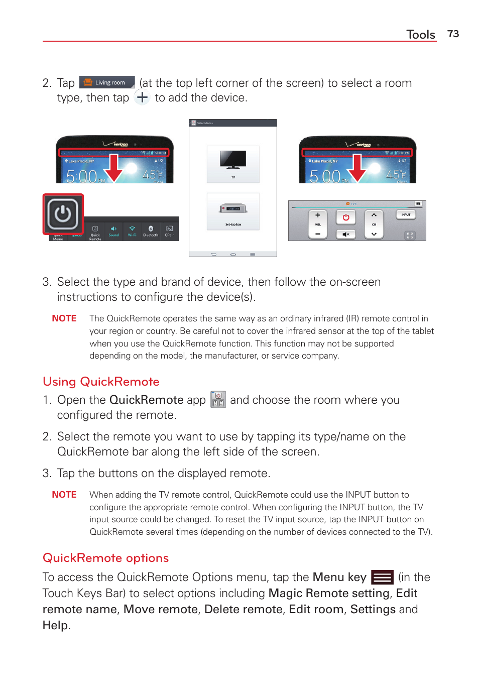 Tools, Using quickremote, Quickremote options | LG LGVK810 User Manual | Page 75 / 142