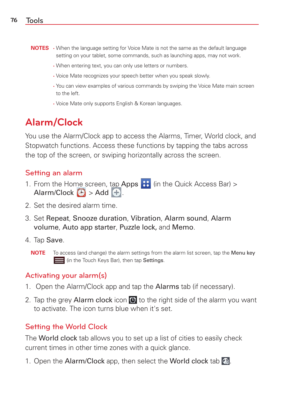 Alarm/clock, Tools, Setting an alarm | Activating your alarm(s), Setting the world clock | LG LGVK810 User Manual | Page 78 / 142