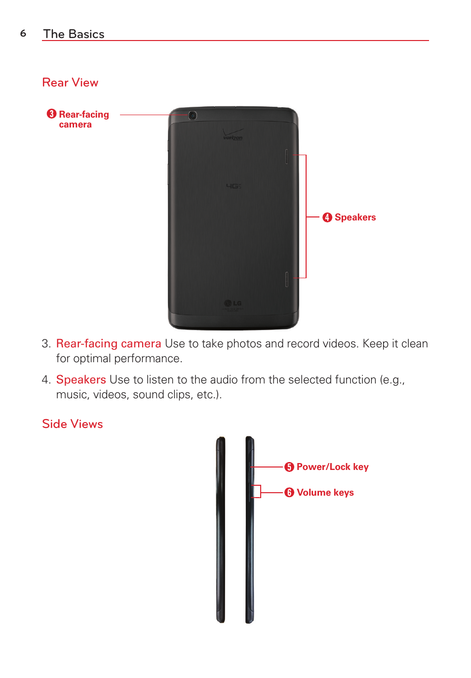 The basics rear view, Side views | LG LGVK810 User Manual | Page 8 / 142