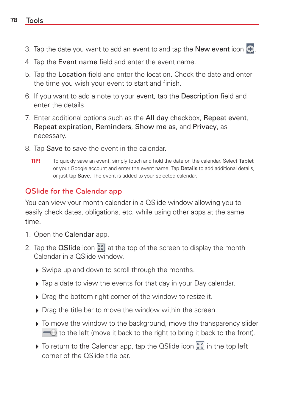 Tools, Qslide for the calendar app | LG LGVK810 User Manual | Page 80 / 142