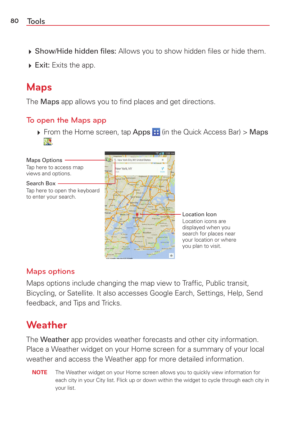 Maps, Weather, Maps weather | Tools, Maps options | LG LGVK810 User Manual | Page 82 / 142