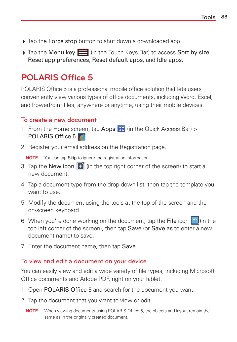 Polaris office 5, Polaris ofﬁce 5, Tools | LG LGVK810 User Manual | Page 85 / 142