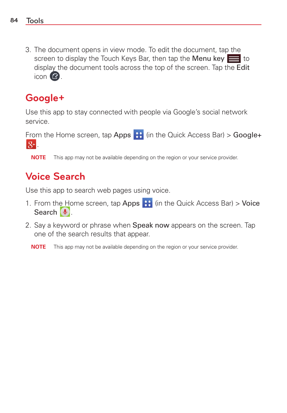 Google, Voice search, Google+ voice search | LG LGVK810 User Manual | Page 86 / 142