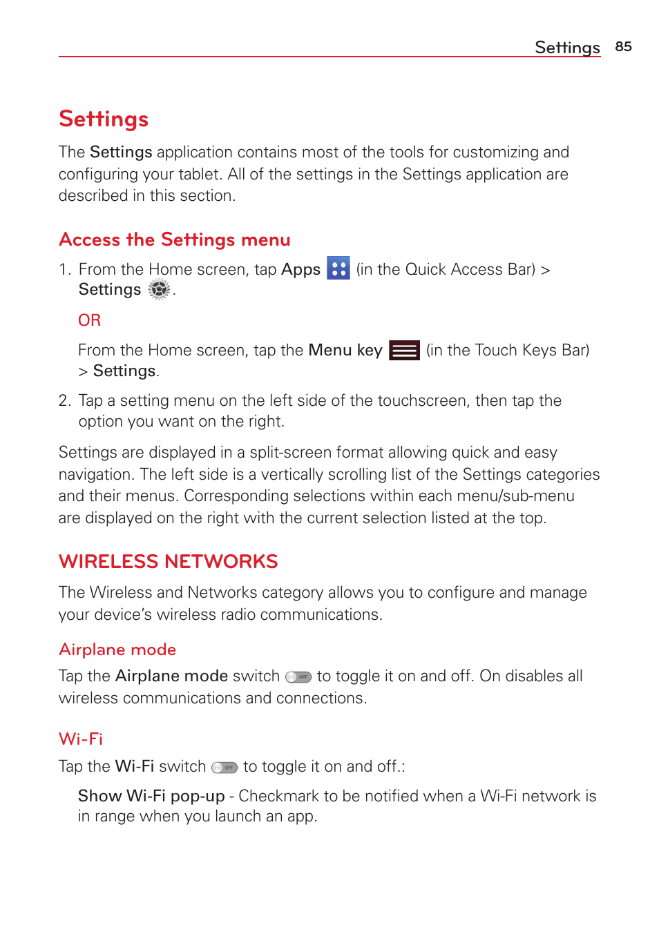 Settings, Access the settings menu, Wireless networks | LG LGVK810 User Manual | Page 87 / 142