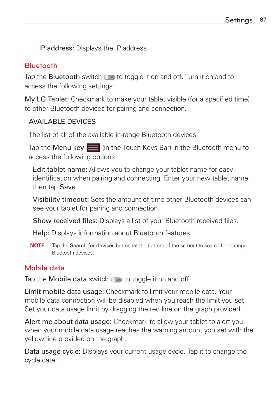 Settings, Bluetooth, Mobile data | LG LGVK810 User Manual | Page 89 / 142