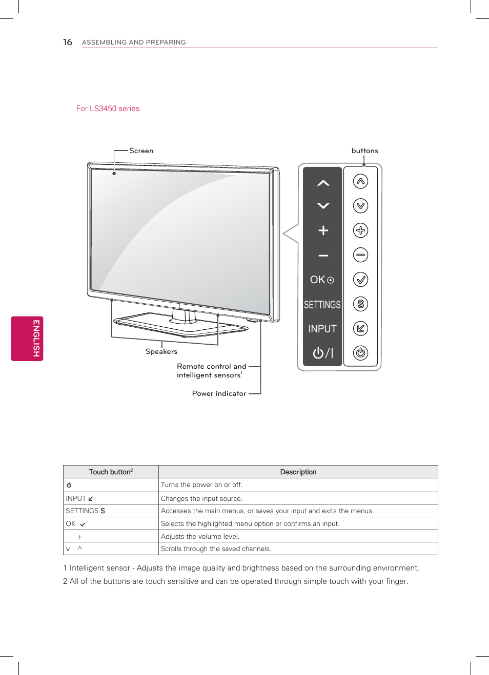 Settings input ok, English 16 | LG 32CS460 User Manual | Page 16 / 44