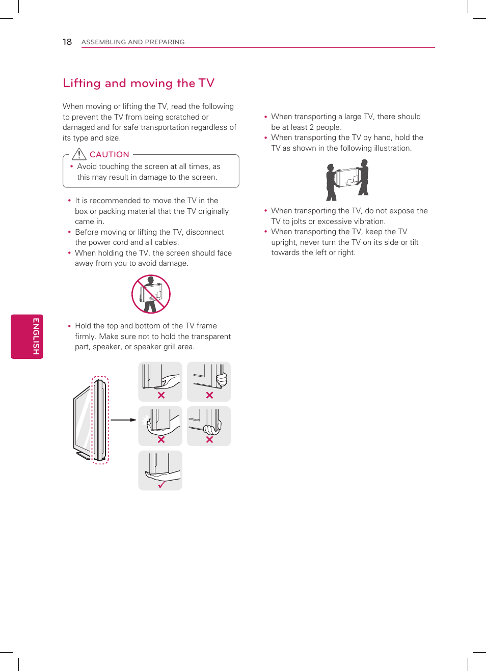Lifting and moving the tv | LG 32CS460 User Manual | Page 18 / 44