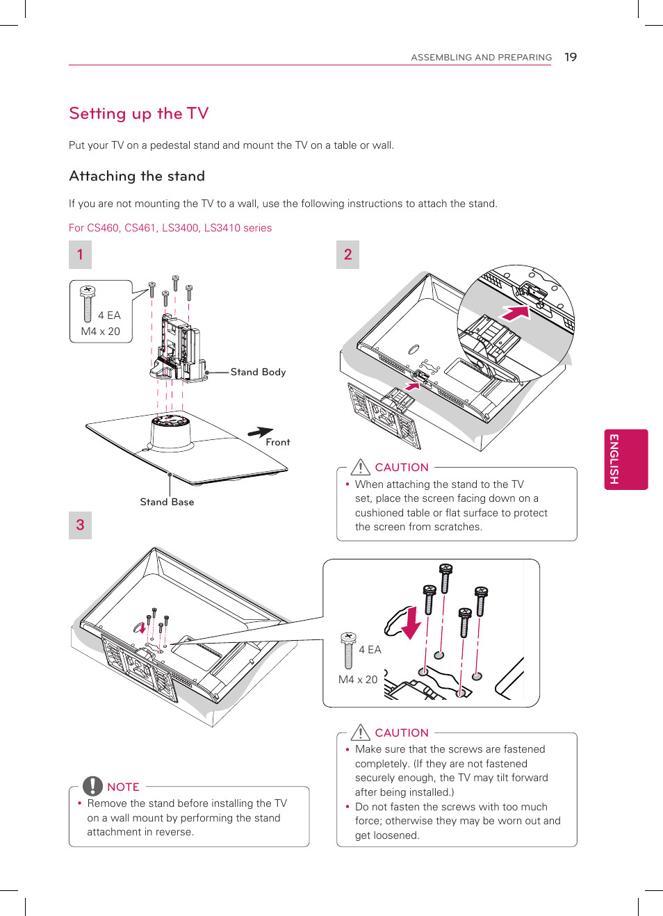 Setting up the tv, Attaching the stand | LG 32CS460 User Manual | Page 19 / 44