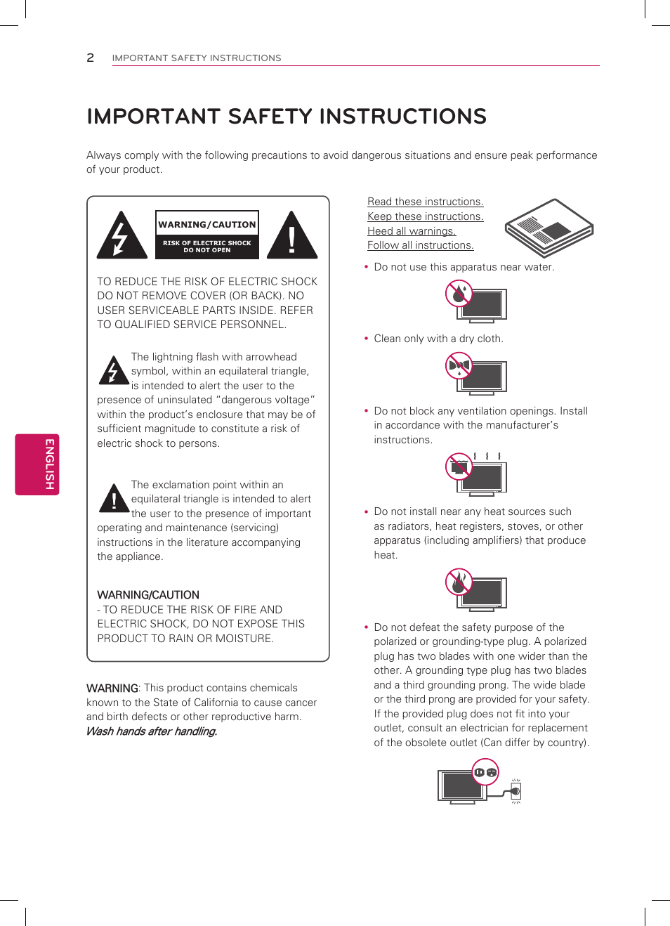 Important safety instructions, English 2, Wash hands after handling | LG 32CS460 User Manual | Page 2 / 44