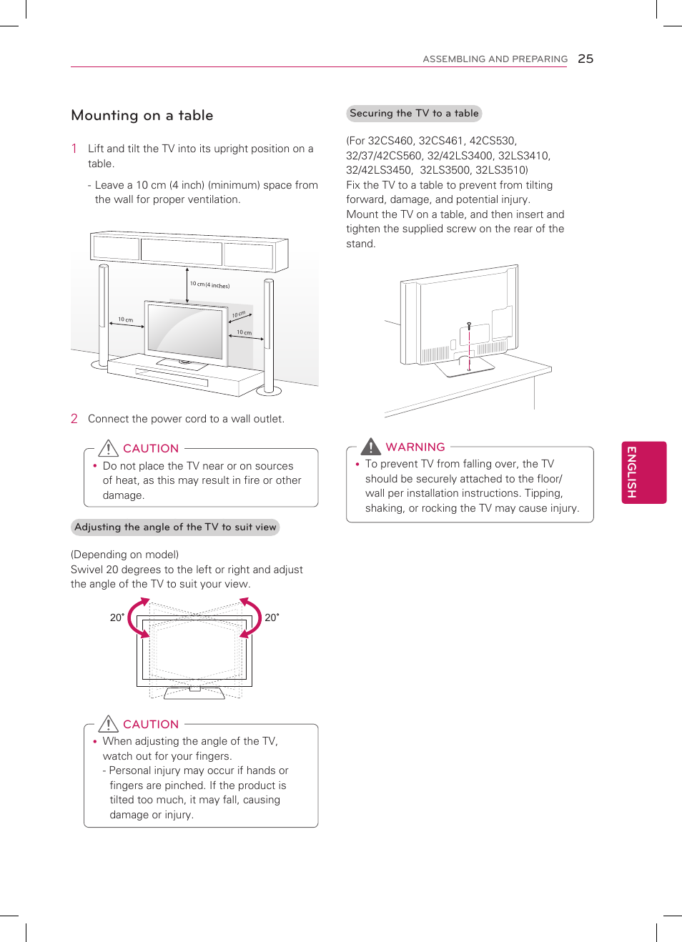 Mounting on a table | LG 32CS460 User Manual | Page 25 / 44