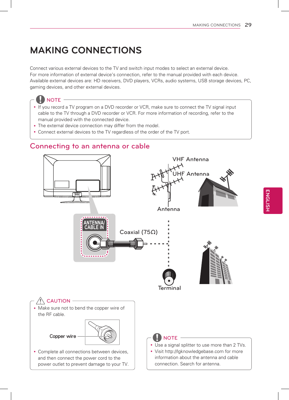 Making connections, Connecting to an antenna or cable | LG 32CS460 User Manual | Page 29 / 44