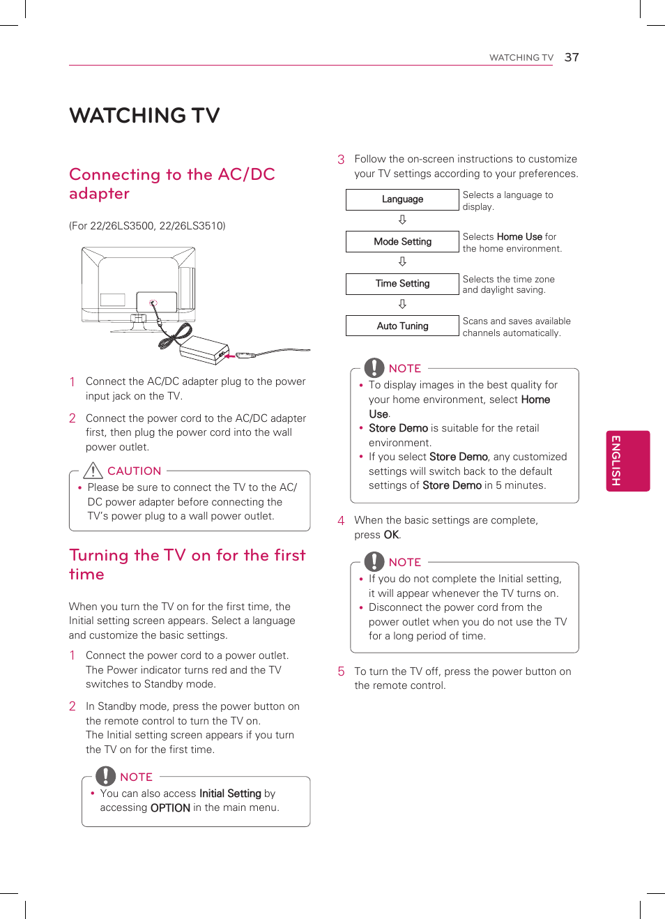 Watching tv, Connecting to the ac/dc adapter, Turning the tv on for the first time | LG 32CS460 User Manual | Page 37 / 44