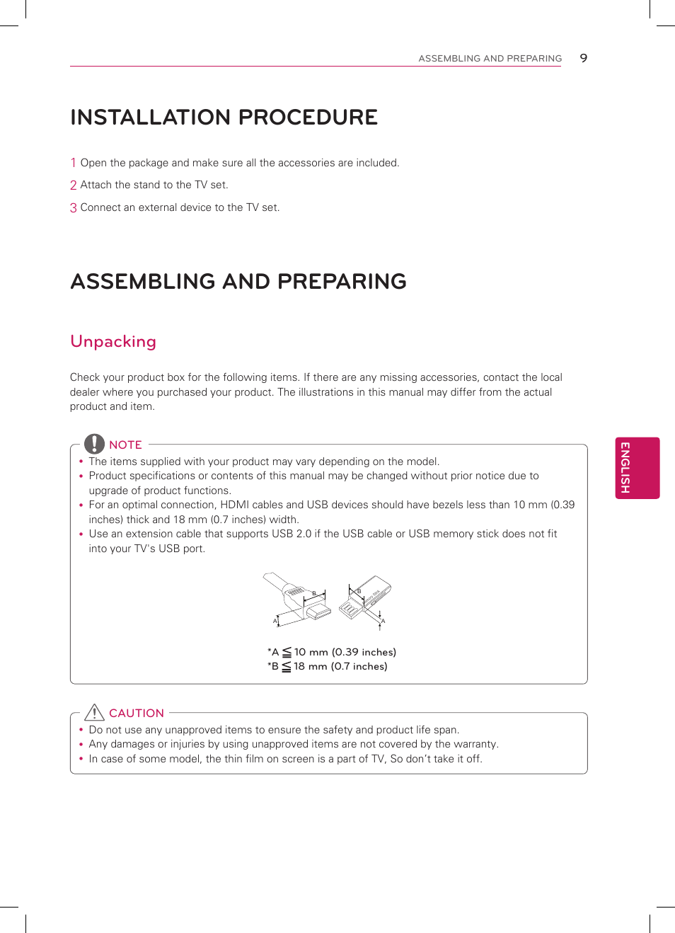 Installation procedure, Assembling and preparing, Unpacking | LG 32CS460 User Manual | Page 9 / 44