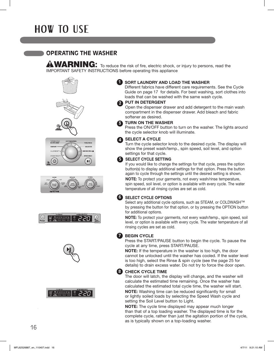 H o w to u s e, Wwarning, Operating the washer | LG WM2450HRA User Manual | Page 16 / 72