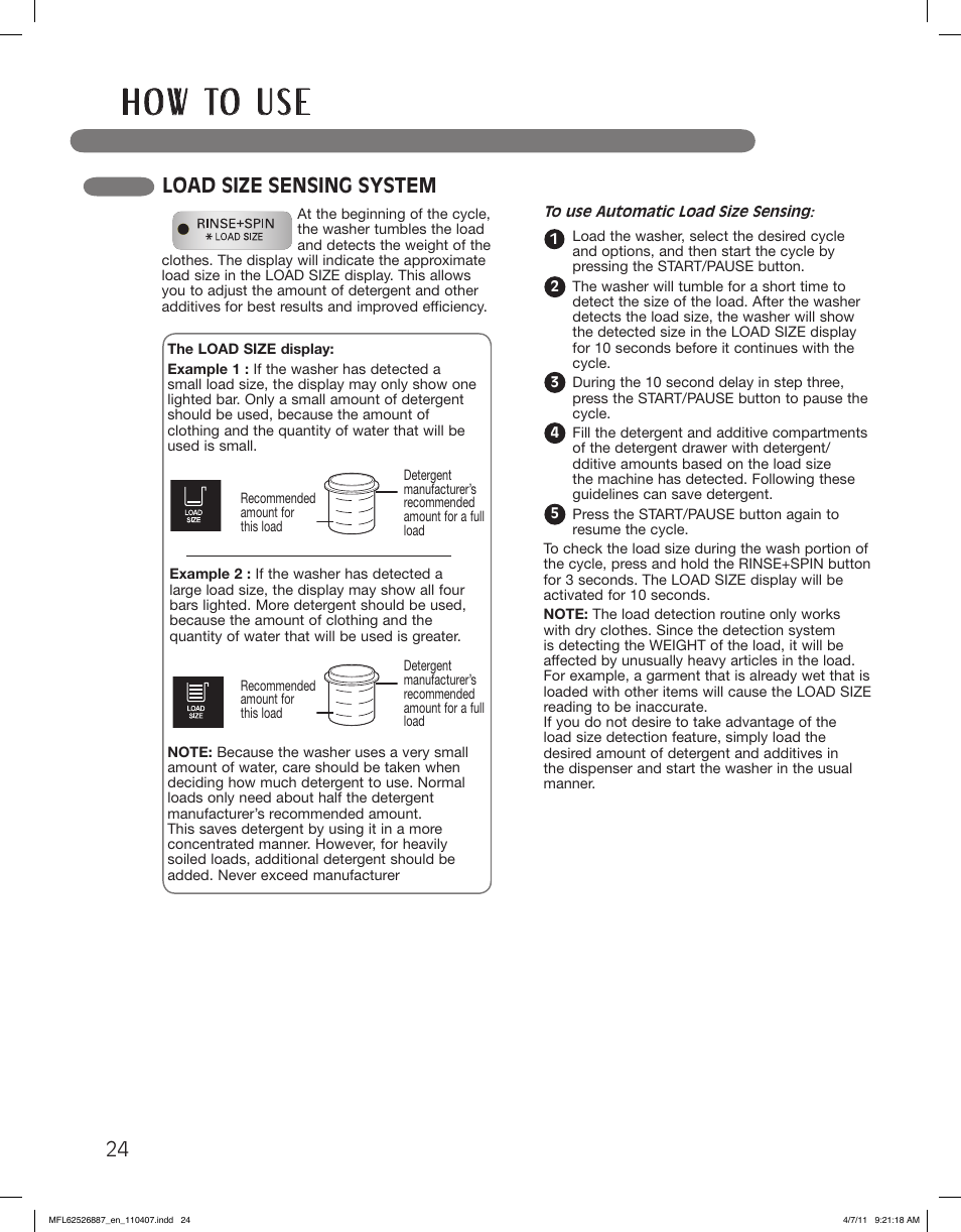 H o w to u s e, Load size sensing system | LG WM2450HRA User Manual | Page 24 / 72