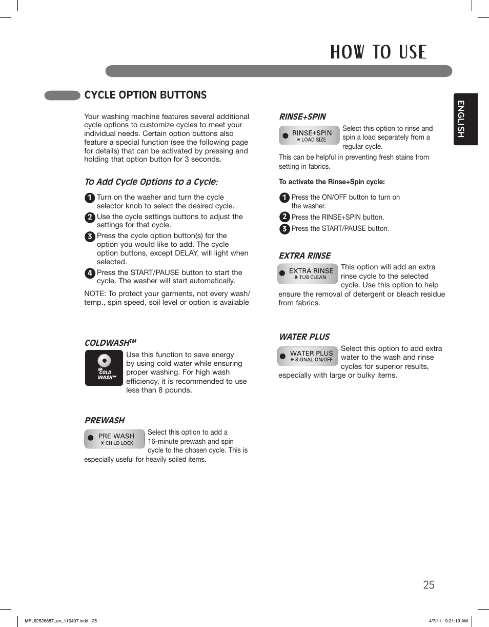 H o w to u s e, 25 cycle option buttons | LG WM2450HRA User Manual | Page 25 / 72
